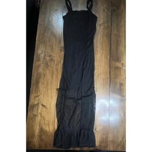 Free Press Black Sheer Mesh Maxi Dress Ruffle Hem Sleeveless Square Neck Small